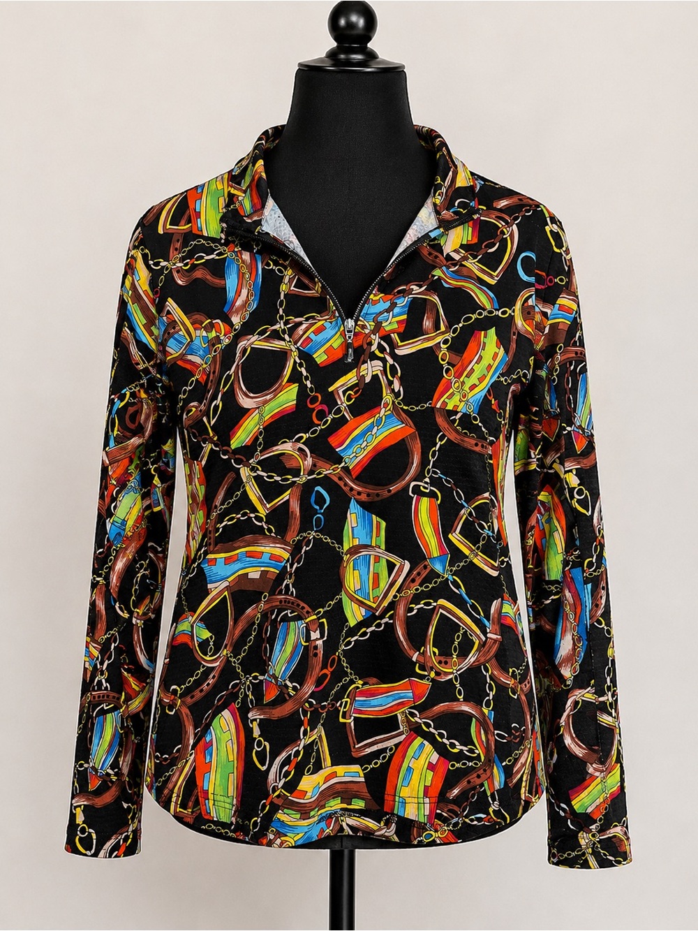 Icikuls SPF Chain Quarter Zip Equestrian Ribbon Print Golf Tennis Cooling Top